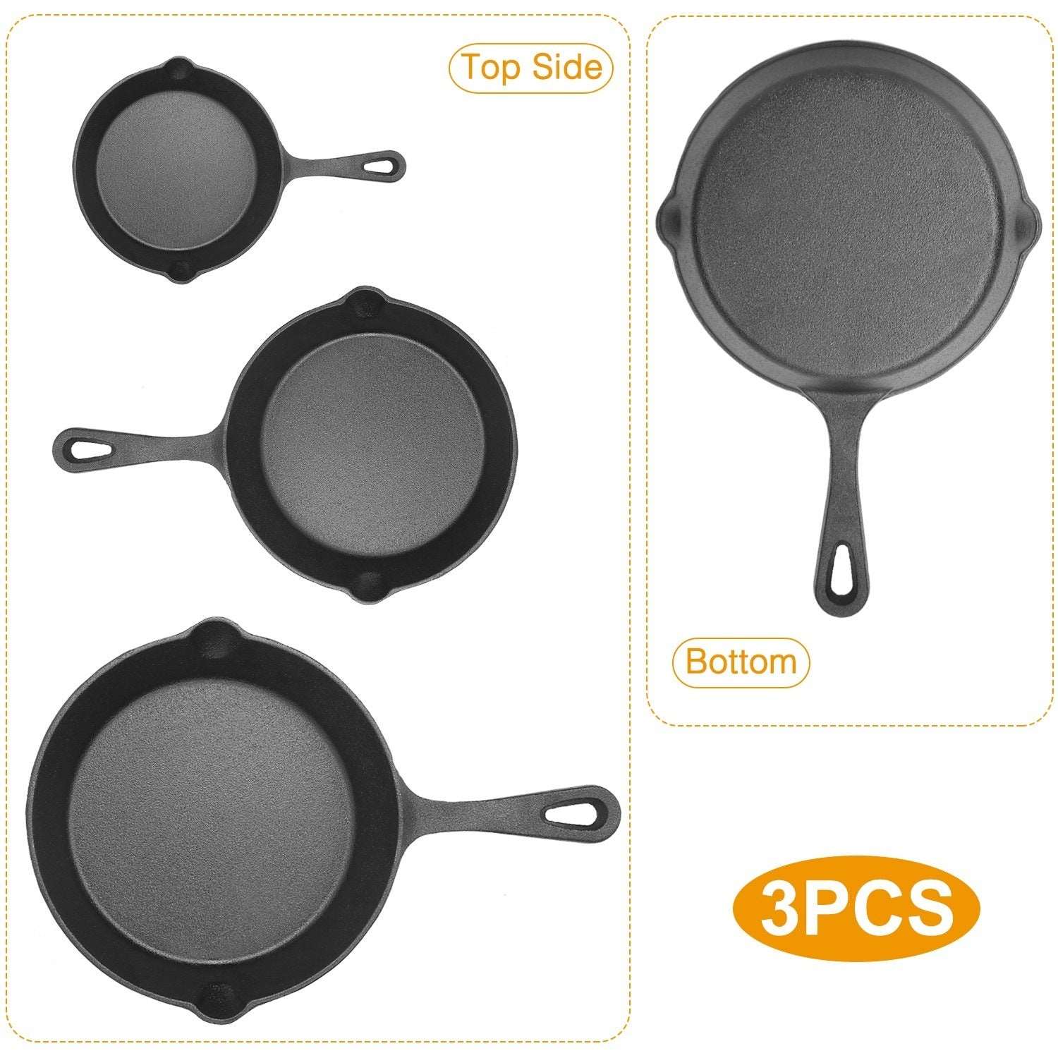 3Pcs Pre-Seasoned Cast Iron Skillet Set 6/8/10in Non-Stick Oven Safe Cookware Heat-Resistant Frying Pan Doba
